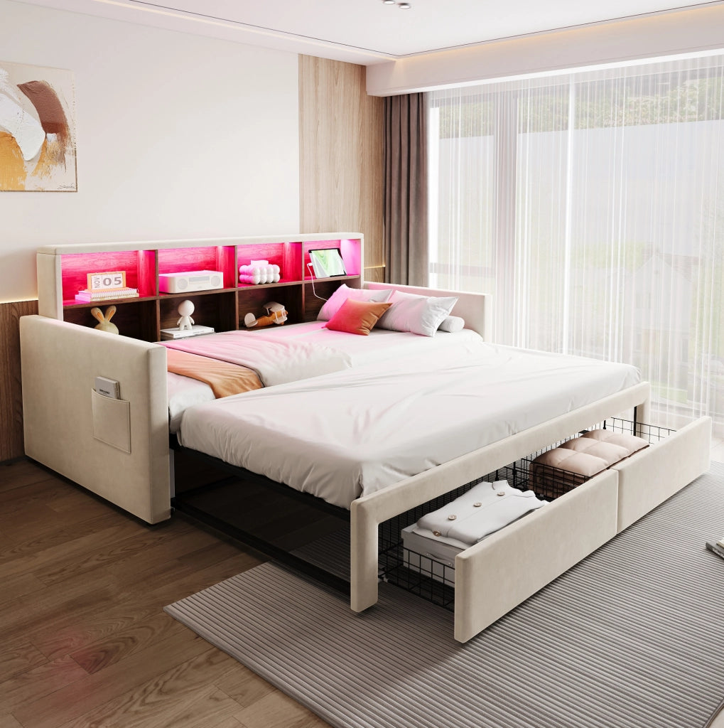 Letto imbottito estraibile 90x190 cm con LED, prese e cassetti in velluto beige