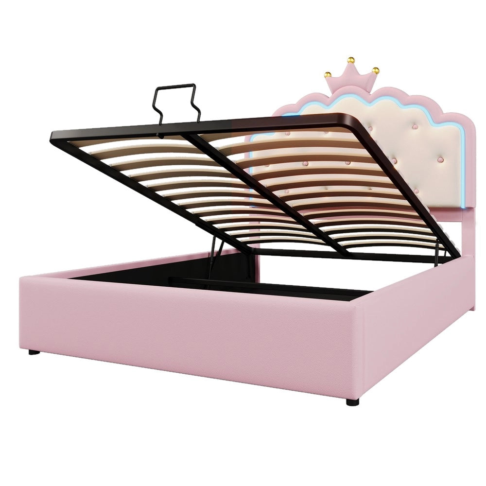 Letto Imbottito Contenitore con LED ¨C MINIMAL ¨C Rosa, PU, 140x200, Idraulico, con Rete