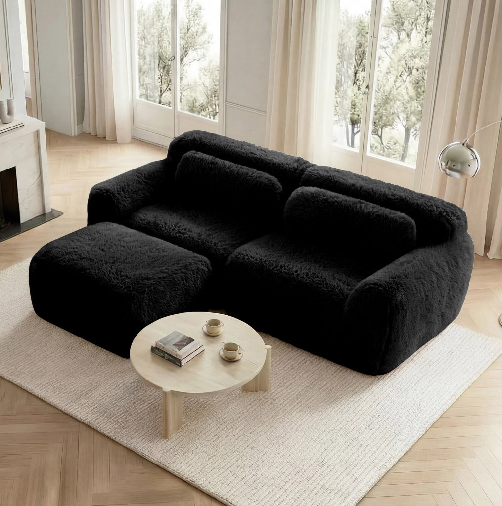 Divano modulare angolare 2 posti a L 204x179x73 cm in tessuto plush nero; senza montaggio