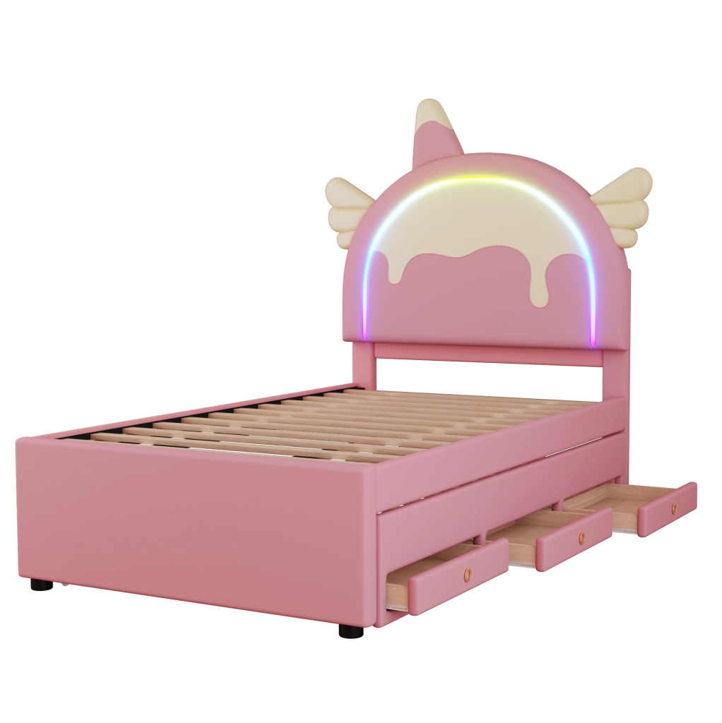 Letto per bambini 90x200 cm; con letto estraibile; PU; rosa