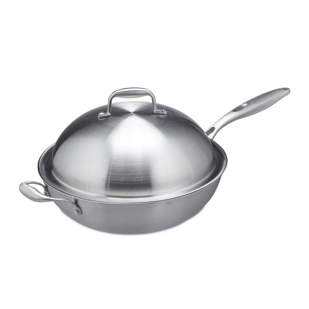 Wok con coperchio in acciaio inox forma arrotondata 30 x 30 x 10 cm ideale per saltati in acciaio inossidabile argentato 13_0011070