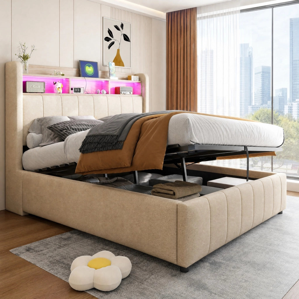DESMIU Letto Contenitore Letto Matrimoniale con LED Regolabile, USB e Tipo C, 140 × 200 cm, senza materasso, Beige