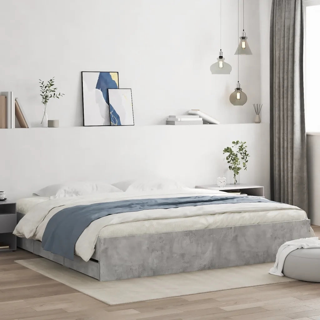 Letto matrimoniale | Letto per adulti | Giroletto Cassetti Grigio Cemento 200x200 cm Legno Multistrato