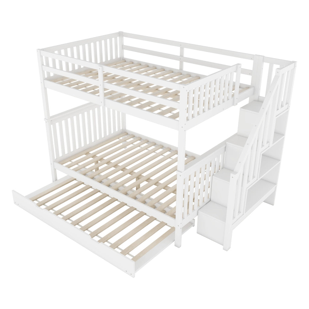 OKWISH Letto a Castello 140×200 cm, Letto 3 Posti con Letto Estraibile, Scala con Mensole e Sponde Alte, senza Materasso, Bianco