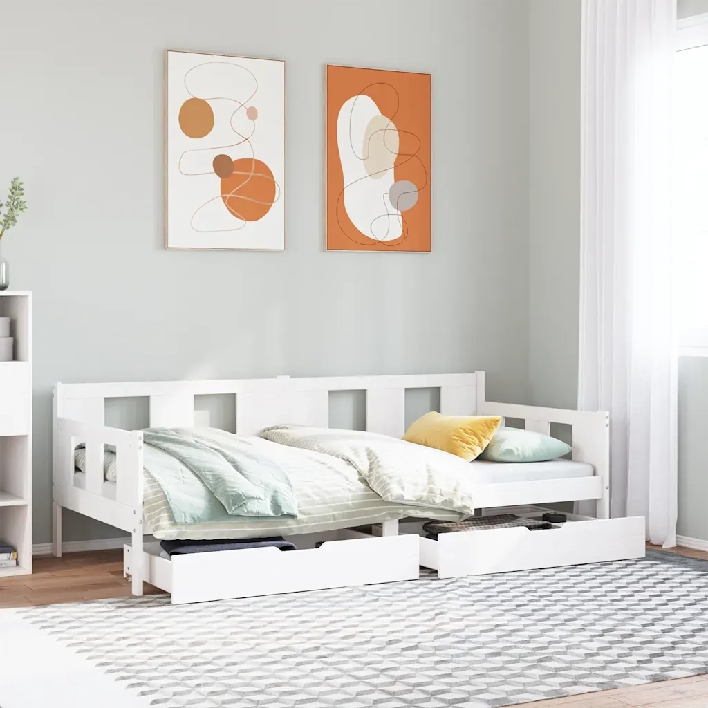 Dormeuse con Cassetti Bianco 90x200 cm Legno Massello di Pino 3302115