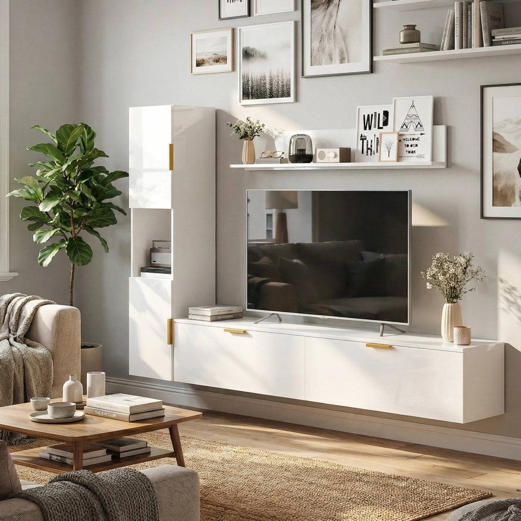 Mobile TV Parete Sospeso con Ante a Ribalta ¨C Zephmum ¨C Bianco Lucido 180x30x40 cm