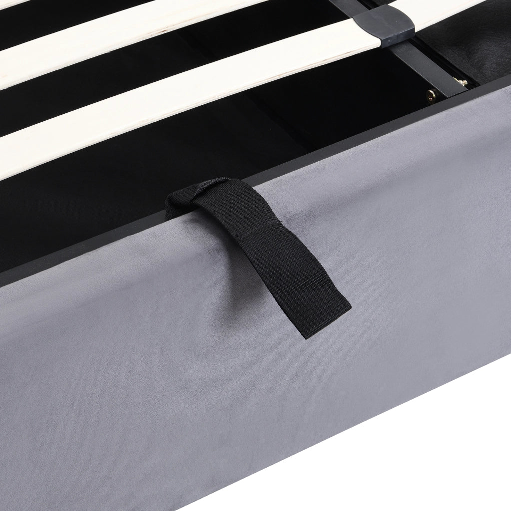 Letto imbottito 160x200 cm in velluto grigio con contenitore; 3 cassetti e testiera regolabile