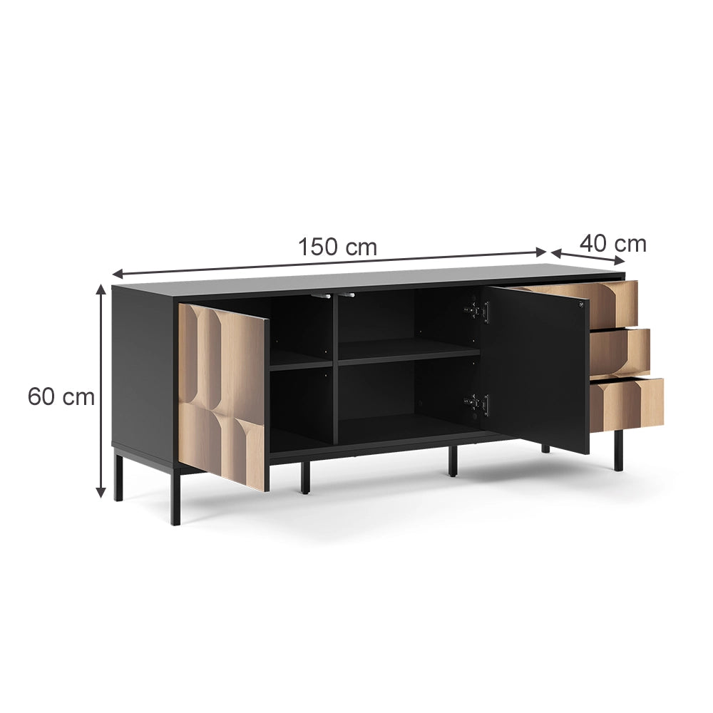 Vicco Lowboard Nero/quercia 150 x 60 cm con 3 cassetti