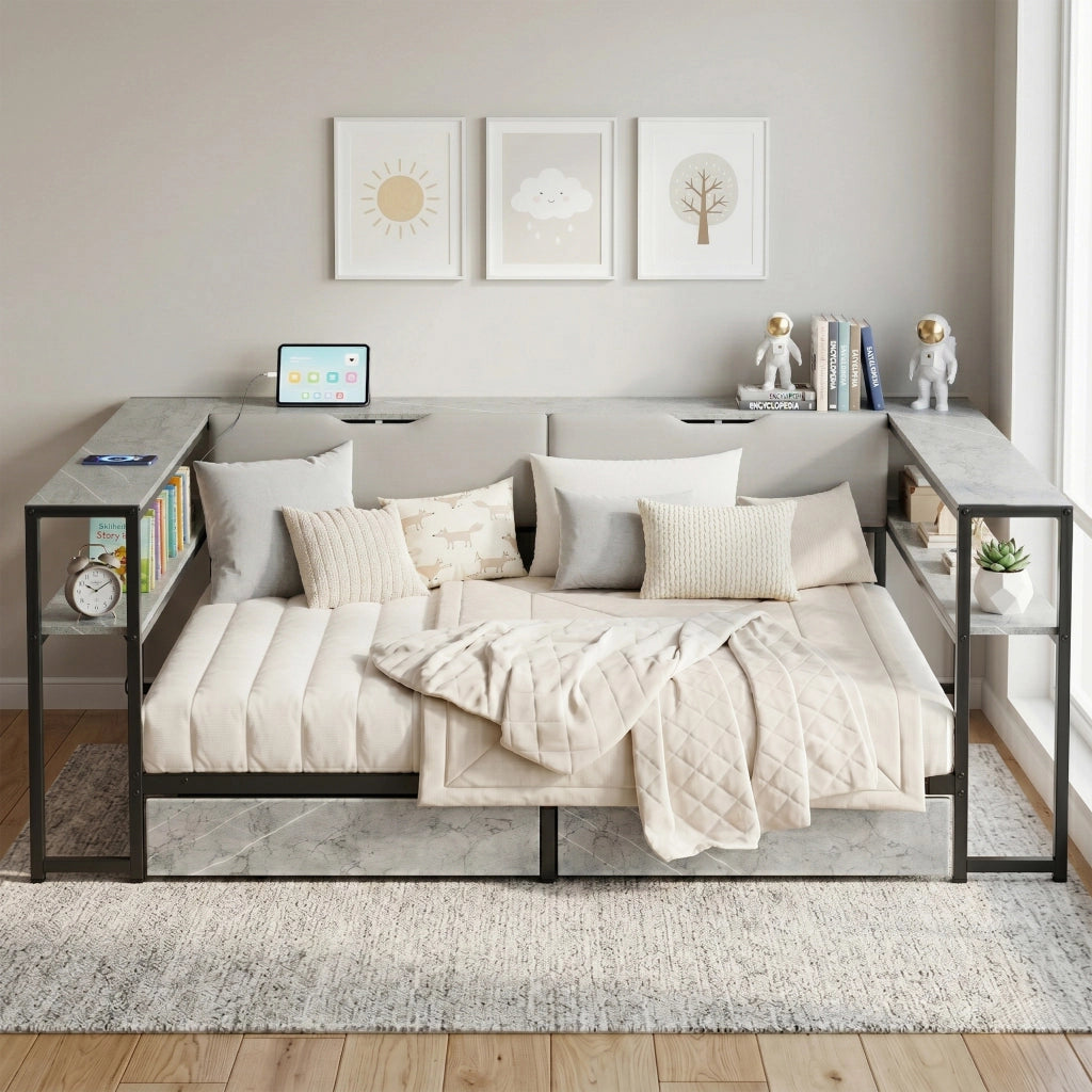 Letto divano matrimoniale 140 × 200 cm con 2 cassetti, 6 vani contenitore, USB e tipo C, senza materasso, grigio