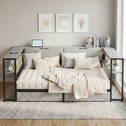 Letto divano matrimoniale 140 × 200 cm con 2 cassetti, 6 vani contenitore, USB e tipo C, senza materasso, grigio