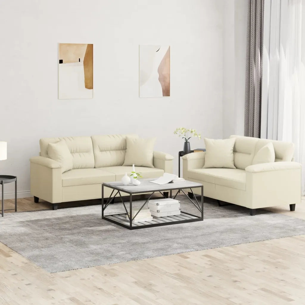Set di Divani 2 pz con Cuscini Crema in Similpelle