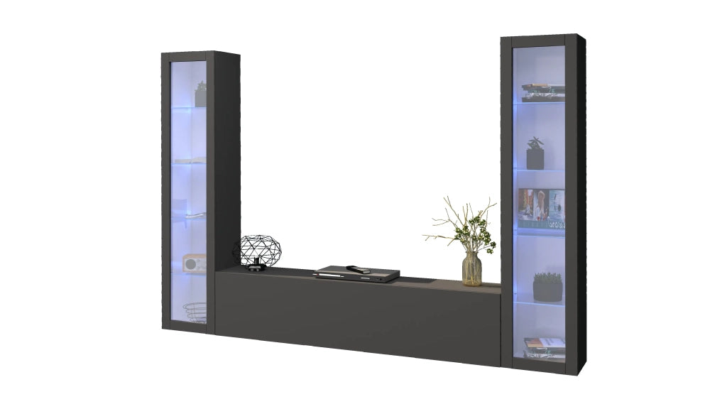 Parete attrezzata mobile TV sospesa design moderno antracite 2 vetrine Liv RT