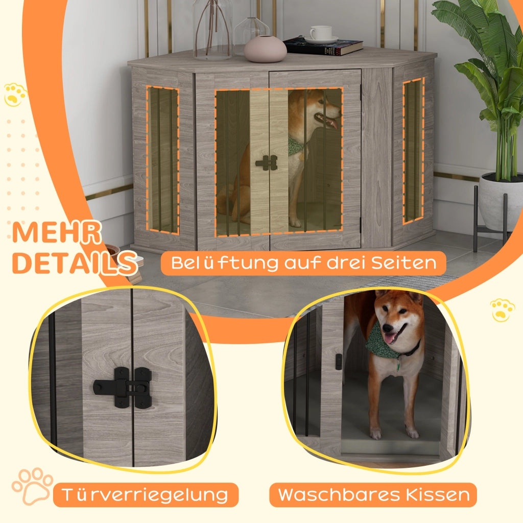 Gabbia per cani con cuscino e chiavistello tre lati con sbarre in acciaio in compensato color noce 104 × 55 × 63 cm