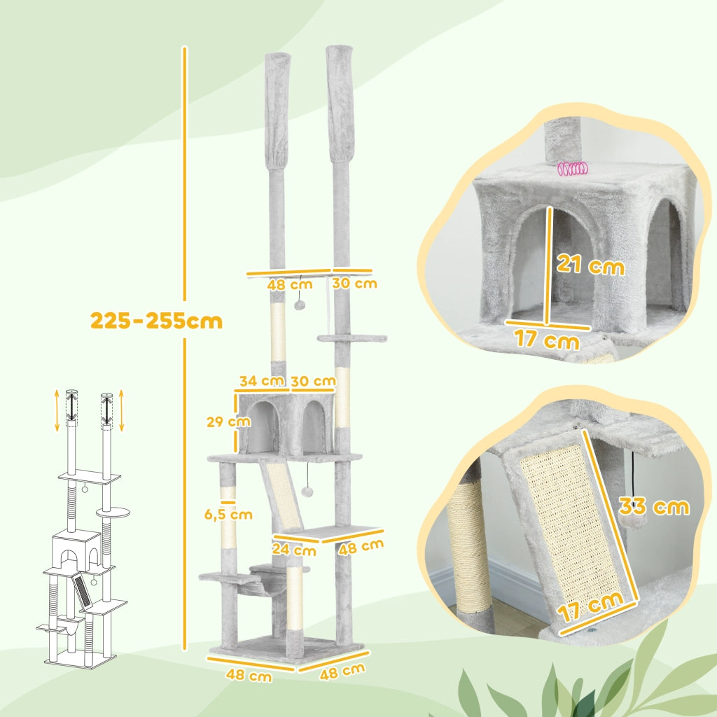 Tiragraffi per gatti a torre ¨C zephmum ¨C grigio chiaro 225-255 cm 6 livelli con nicchia e amaca