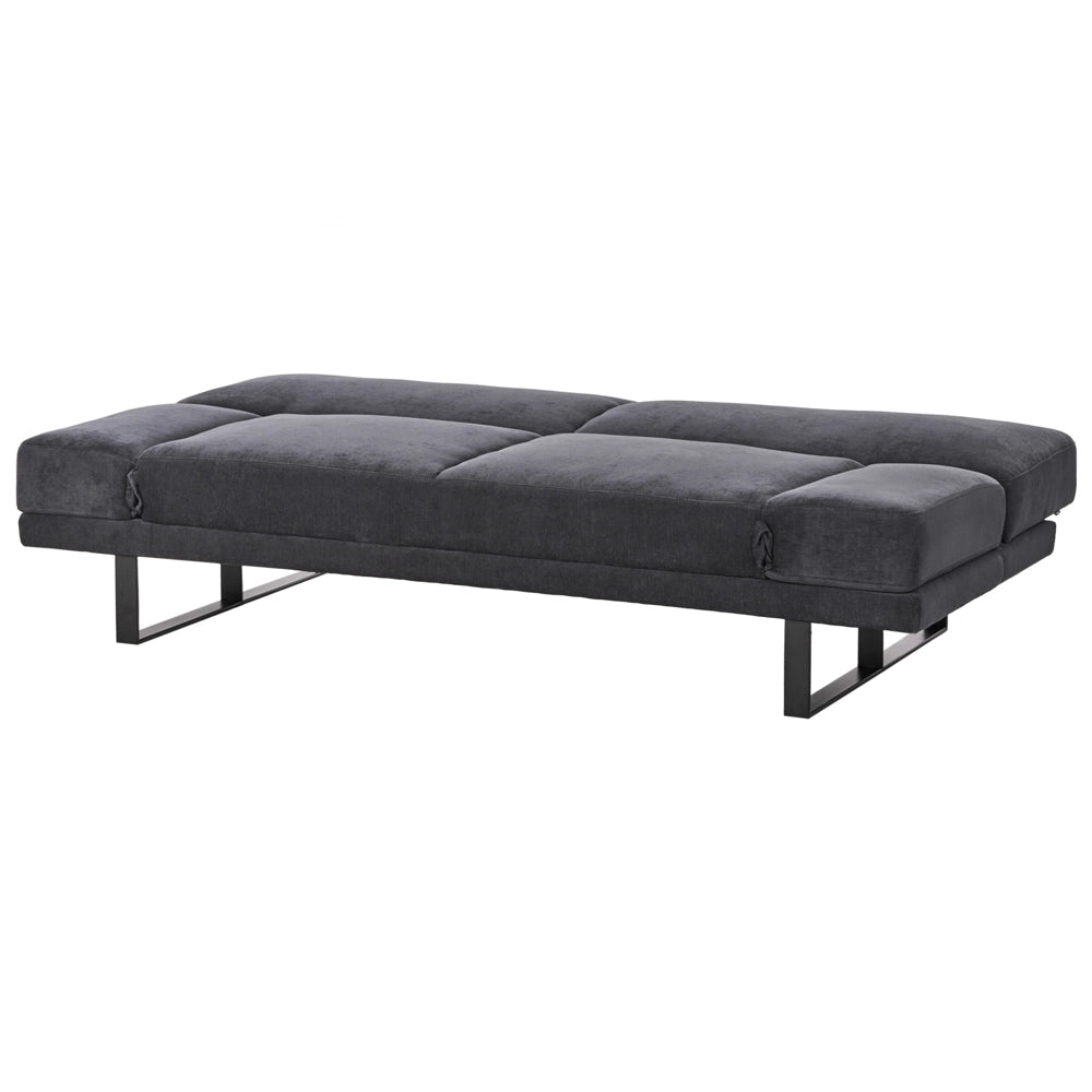Divano Letto in Tessuto nero ciniglia con schienale reclinabile e struttura in legno stile moderno