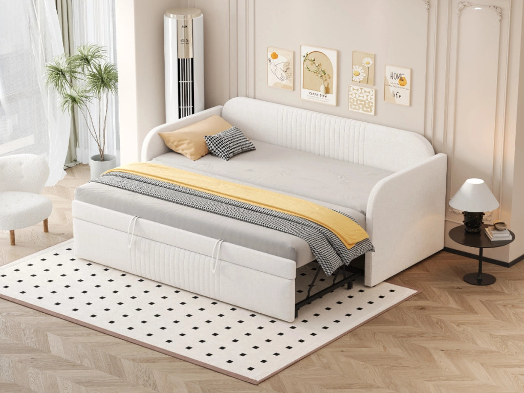 Letto sofa estraibile in lino beige 90x190 cm