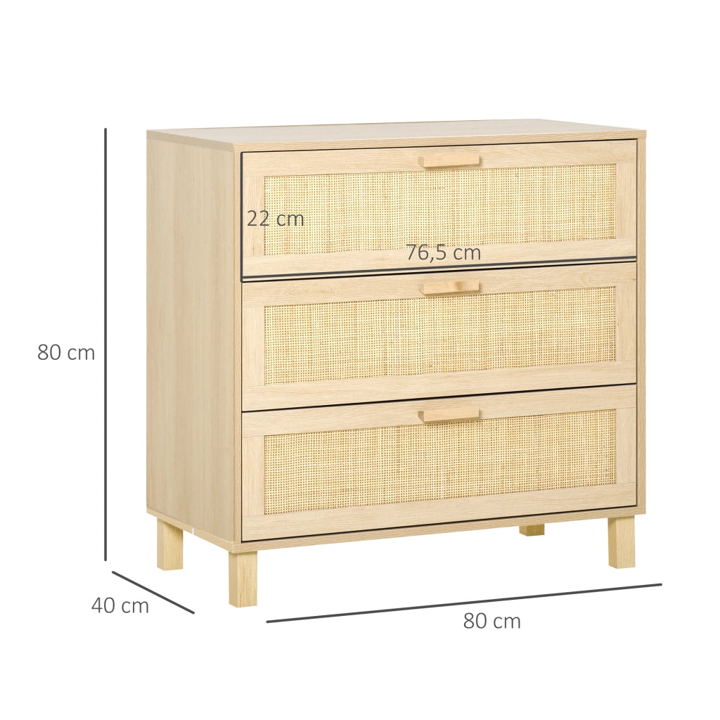 Com¨° 3 Cassetti Cannage in Rattan ¨C zephmum ¨C MDF Effetto Legno Chiaro 80x40x80 cm