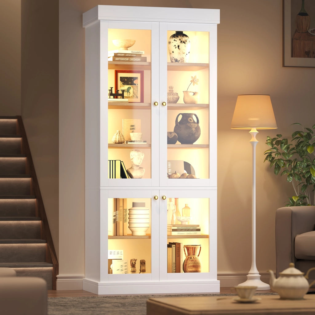 Armadio alto con LED, 2 sistemi antiribaltamento e ripiani regolabili, in MDF e vetro, bianco, 80 × 40 × 180 cm