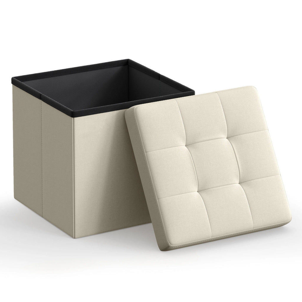 Pouf contenitore pieghevole bianco panna in simil lino