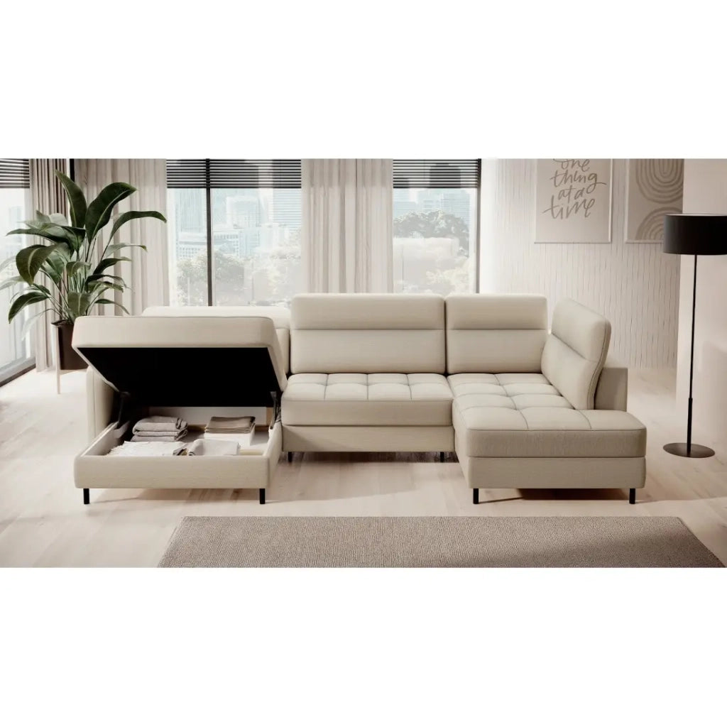 Divano angolare trasformabile BERTHO 306 cm beige – Angolo sinistro con contenitore