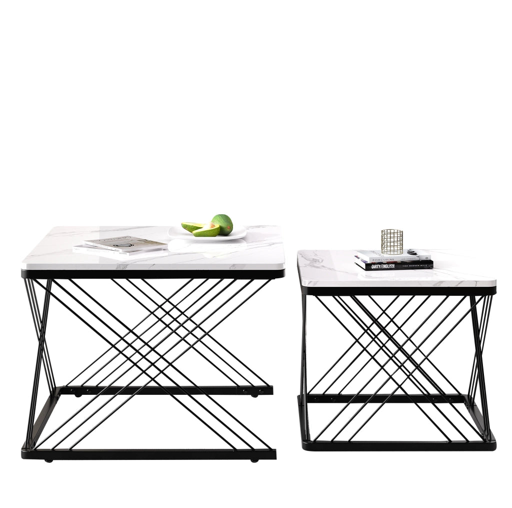 Set 2 tavolini da salotto quadrati con effetto marmo lucido; piedi regolabili; MDF; bianco e nero