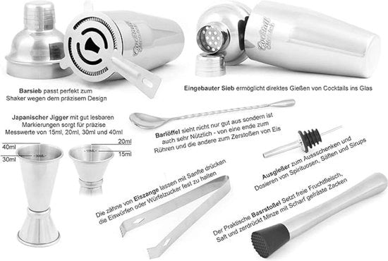 Set di cocktail professionale con shaker, set di shaker per bar, bicchiere di misura giapponese - Qualità premium