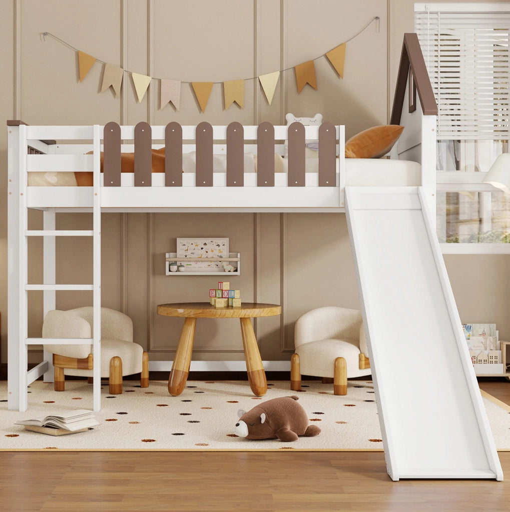 Letto a soppalco 90x200 cm con scivolo e scala dritta in legno e MDF bianco noce