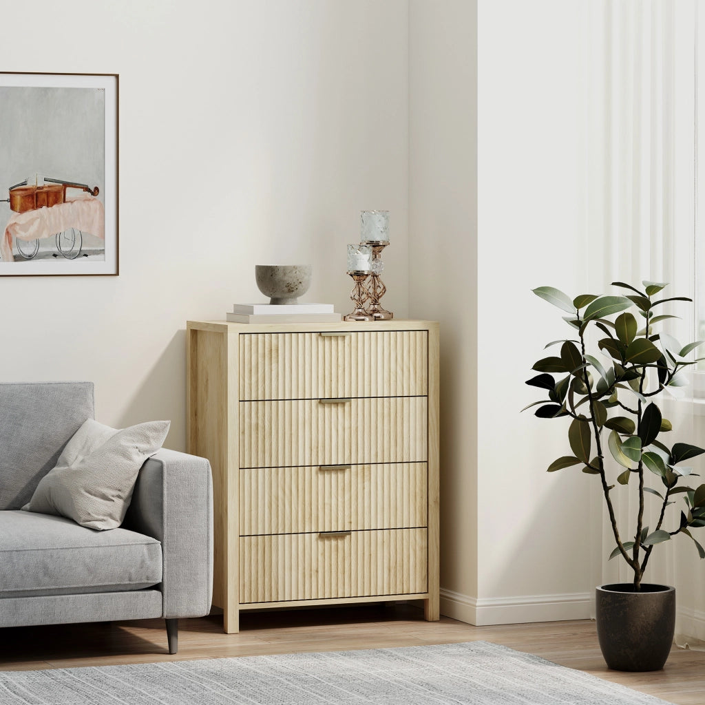 Cassettiera con 4 Cassetti Design Canettato 70x38x93 cm Maniglie Dorate in MDF Color Legno