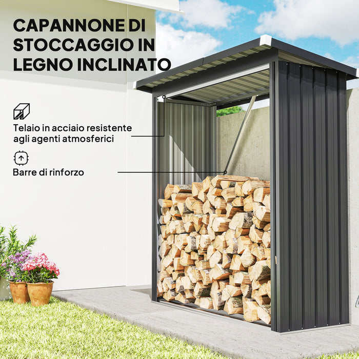 Capanno Portalegna 150x66.5x150 cm Base Rialzata e Tetto Inclinato in Acciaio Grigio Scuro