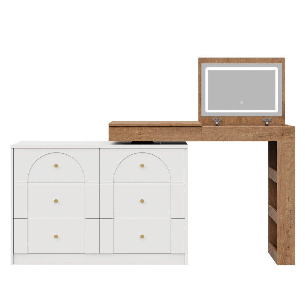 Tavolo da toeletta girevole con specchio LED, scrivania 2 in 1, Bianco + effetto legno, 105¡Á40¡Á80 cm