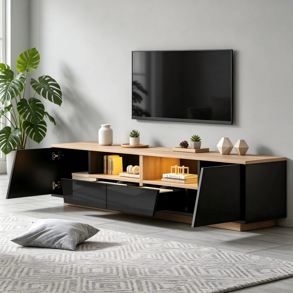 Mobile TV 180x40x46 cm con LED, 2 ante e 2 cassetti, nero e legno