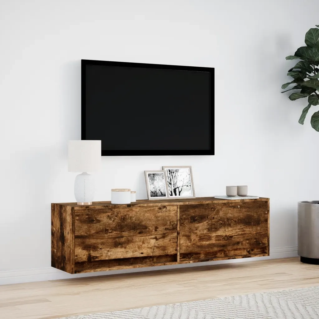 Mobile TV a Parete con Luci LED Rovere Fumo 140x31x38 cm 852373