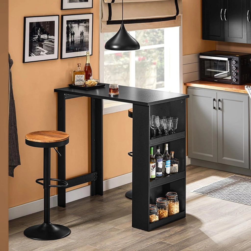 Tavolo Alto da Cucina, Tavolo da Bar Moderno con Ripiani di Stoccaggio, Design Salvaspazio per Cucina Piccola, Soggiorno, Angolo Bar o Studio Nero 112 x 57 x 106 cm FWT17-II-SCH