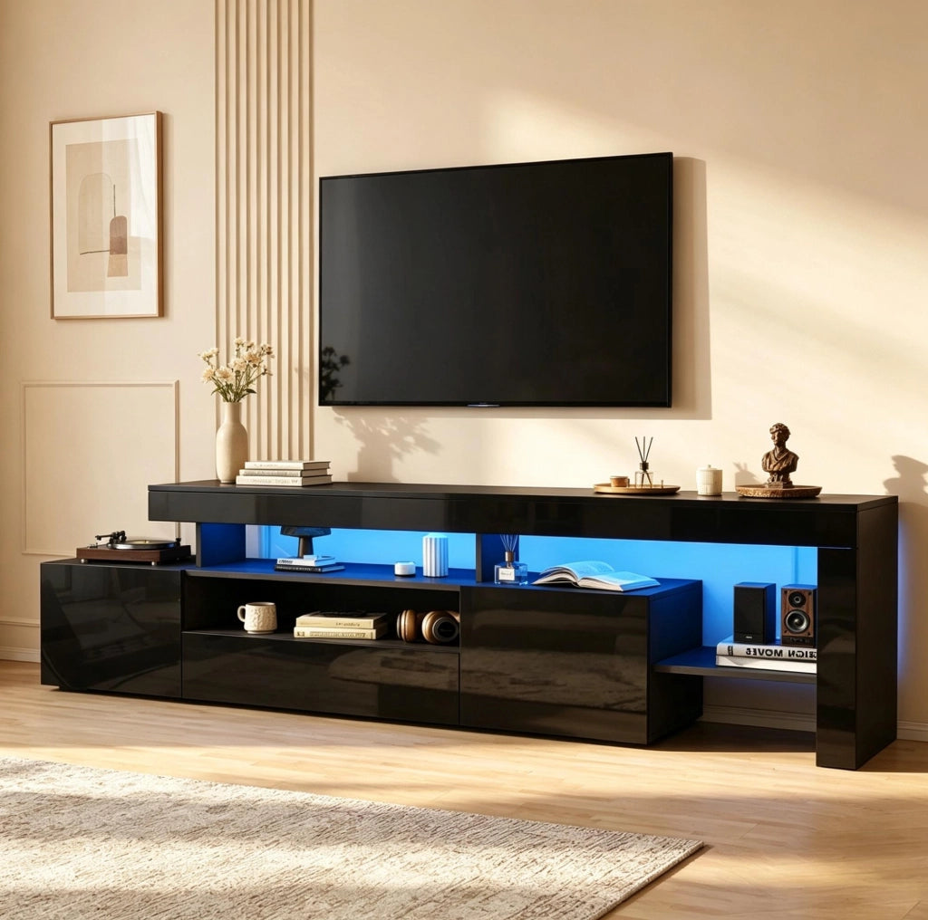Mobile TV nero lucido con LED, 3 ante e vani aperti, 192x37x53 cm