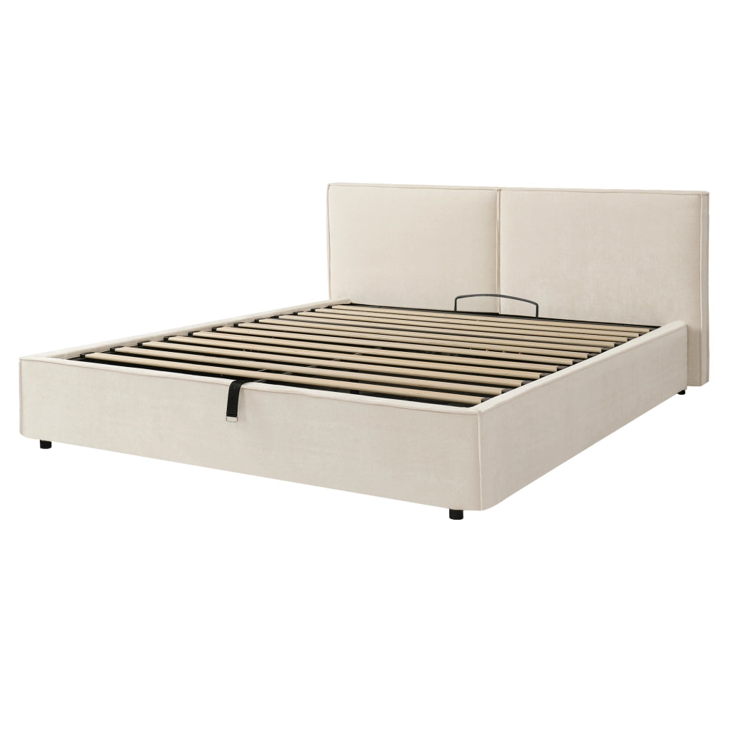 Letto matrimoniale 160x200 cm con contenitore idraulico, rete a doghe, testiera imbottita, rivestimento in chenille beige