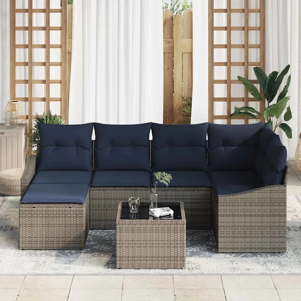 Set di divani con cuscino 7 pcs Grigio e Blu Navy polyrattan