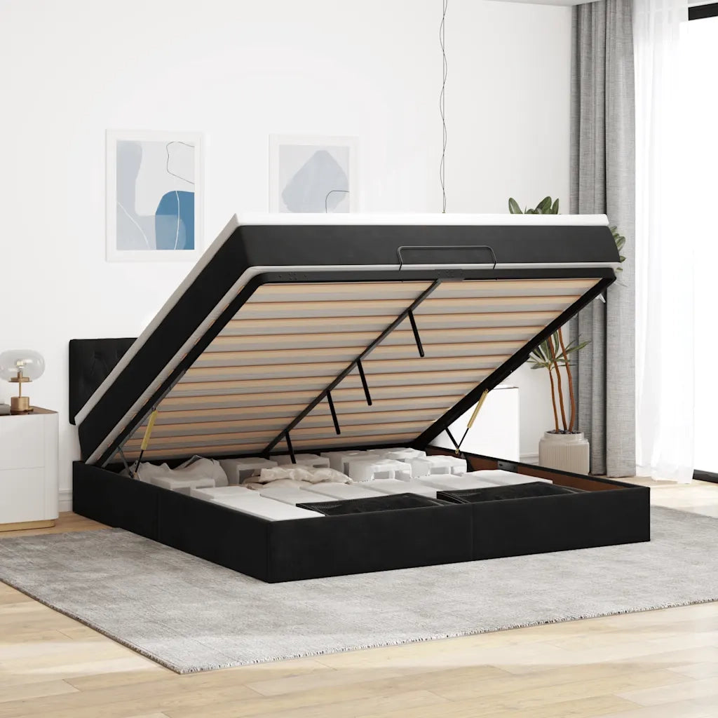 Struttura Letto Pouf con Materasso Nero 180x200 cm in Velluto 3312712