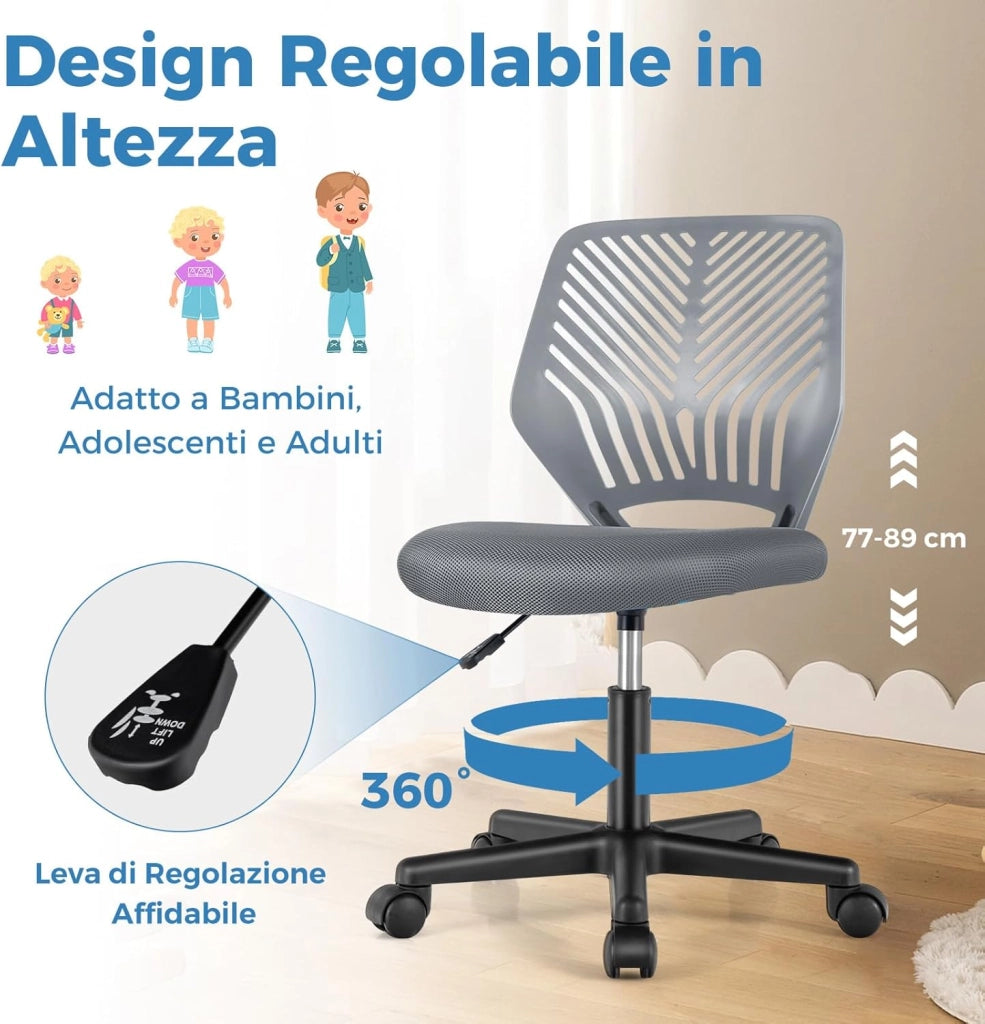 Sedia da Scrivania Ergonomica per Bambini, Sedia per Computer in Rete per Bambini con Ruote Universali, Regolabile in Altezza, Senza Braccioli, Sedia da Studio per Bambini(Grigio)