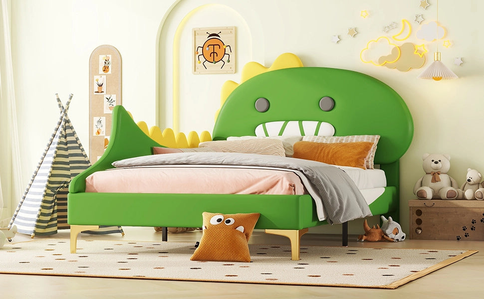 DESMIU Letto bambini 90 × 200 cm a 1 posto con testiera dinosauro, senza materasso, in PU e MDF, verde
