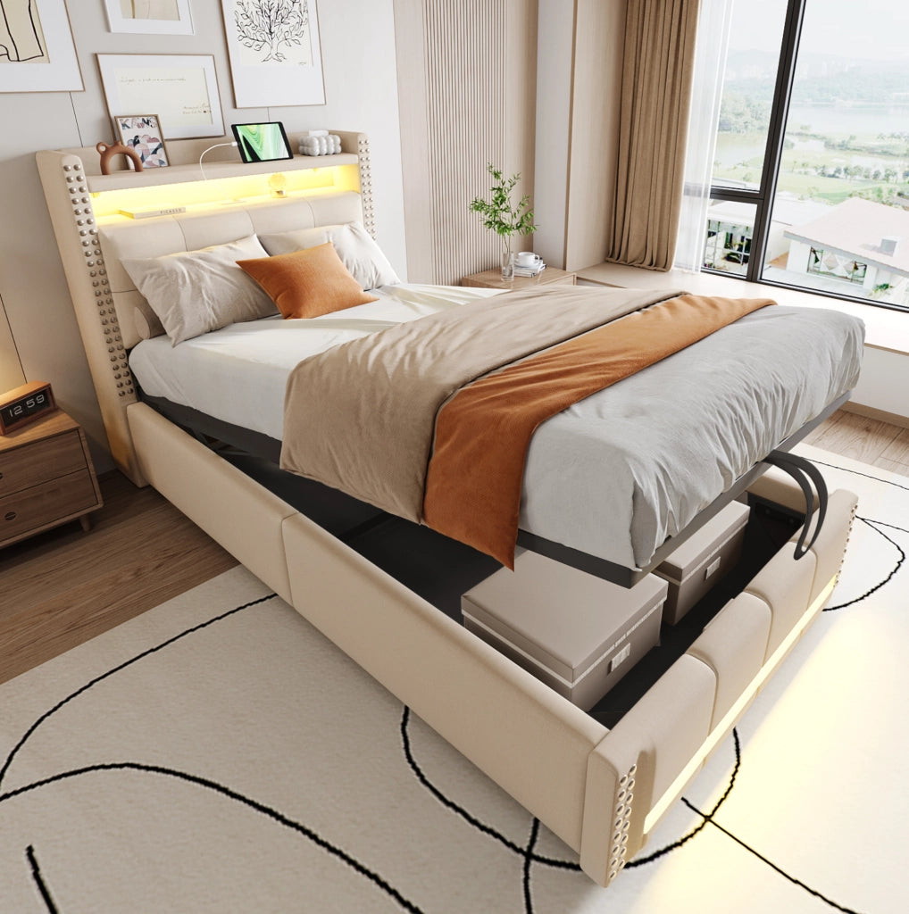 Letto imbottito 90x200 cm con LED; contenitore e porta USB in lino beige