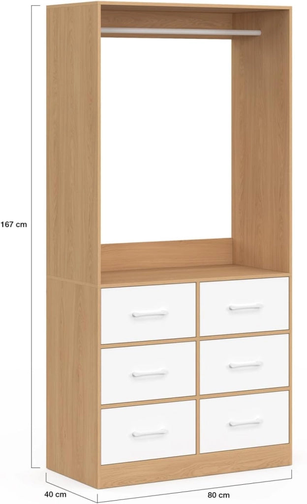 guardaroba L. 80 cm UPPAH con 6 cassetti in legno in faggio e bianco