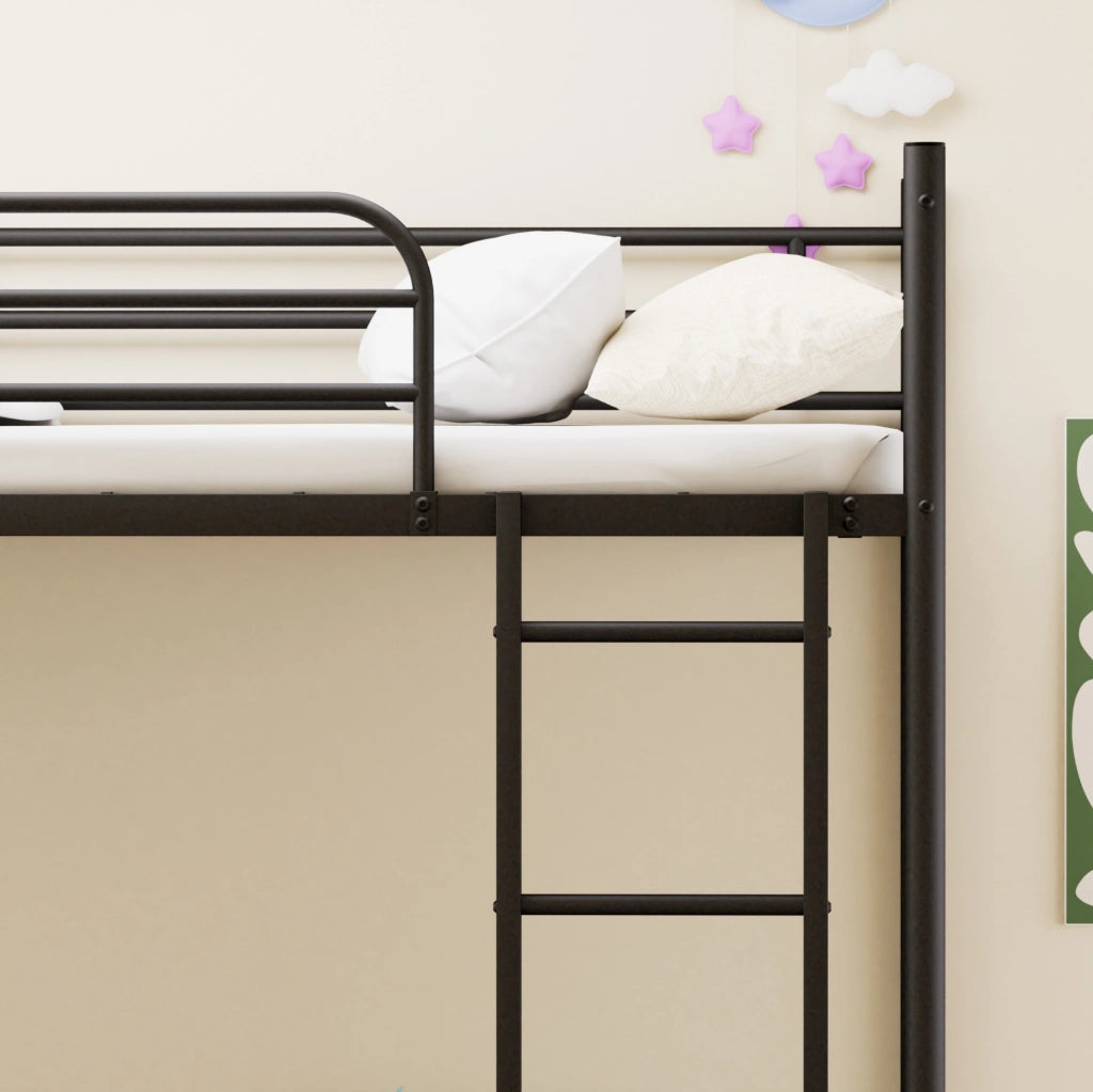 Letto a castello in acciaio 90 x 190 cm con scala e parapetto; nero
