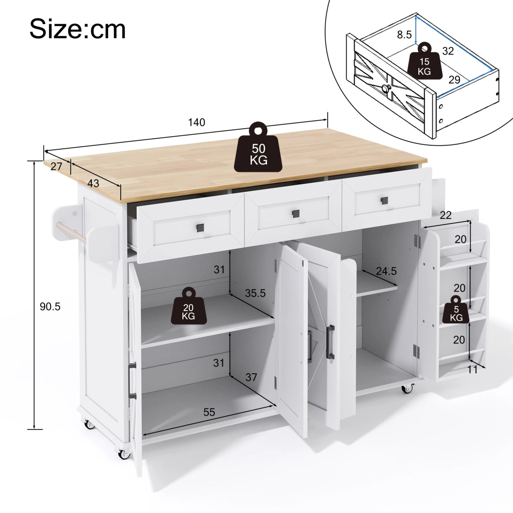 Carrello da Cucina con 4 Ante 3 Cassetti Piano Ribaltabile Portasciugamani e 5 Ruote con Freno; MDF; Bianco Naturale