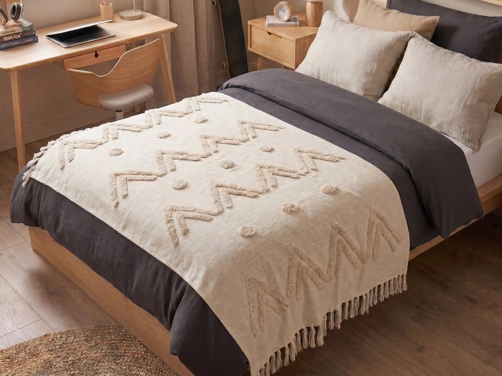 Coperta beige cotone 130 x 180 cm motivo geometri copriletto accogliente accessorio