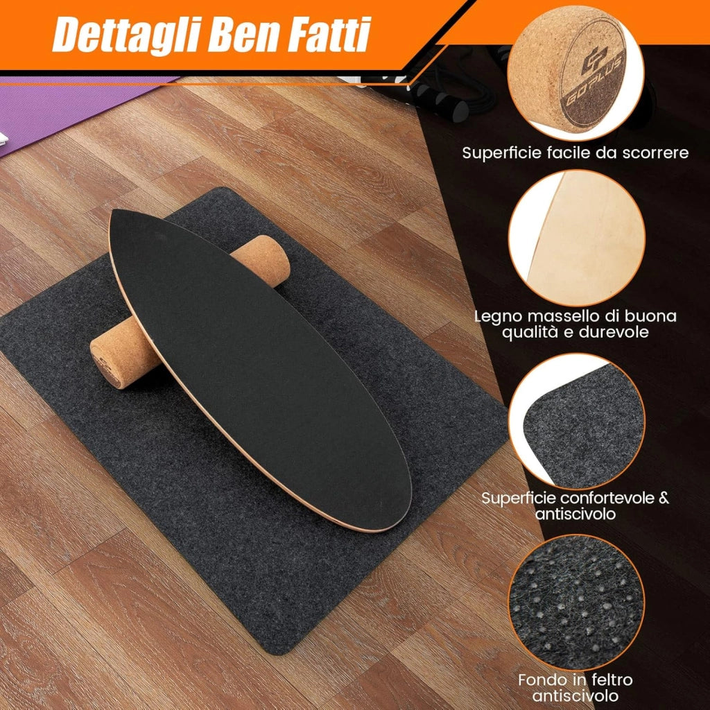 Balance Board in Legno, Tavola di Equilibrio con Rullo e Tappetino per Allenamento Skateboard Hockey Snowboard Surfing, per Esercizi Equilibrio e Tonificazione Core, Portata 227 kg (Nero)