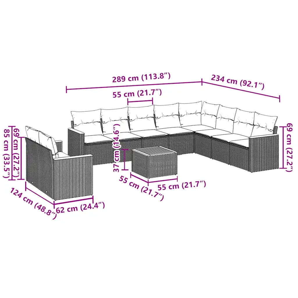 Set Divani da Giardino 11 pz con Cuscini in Polyrattan Nero 3258520