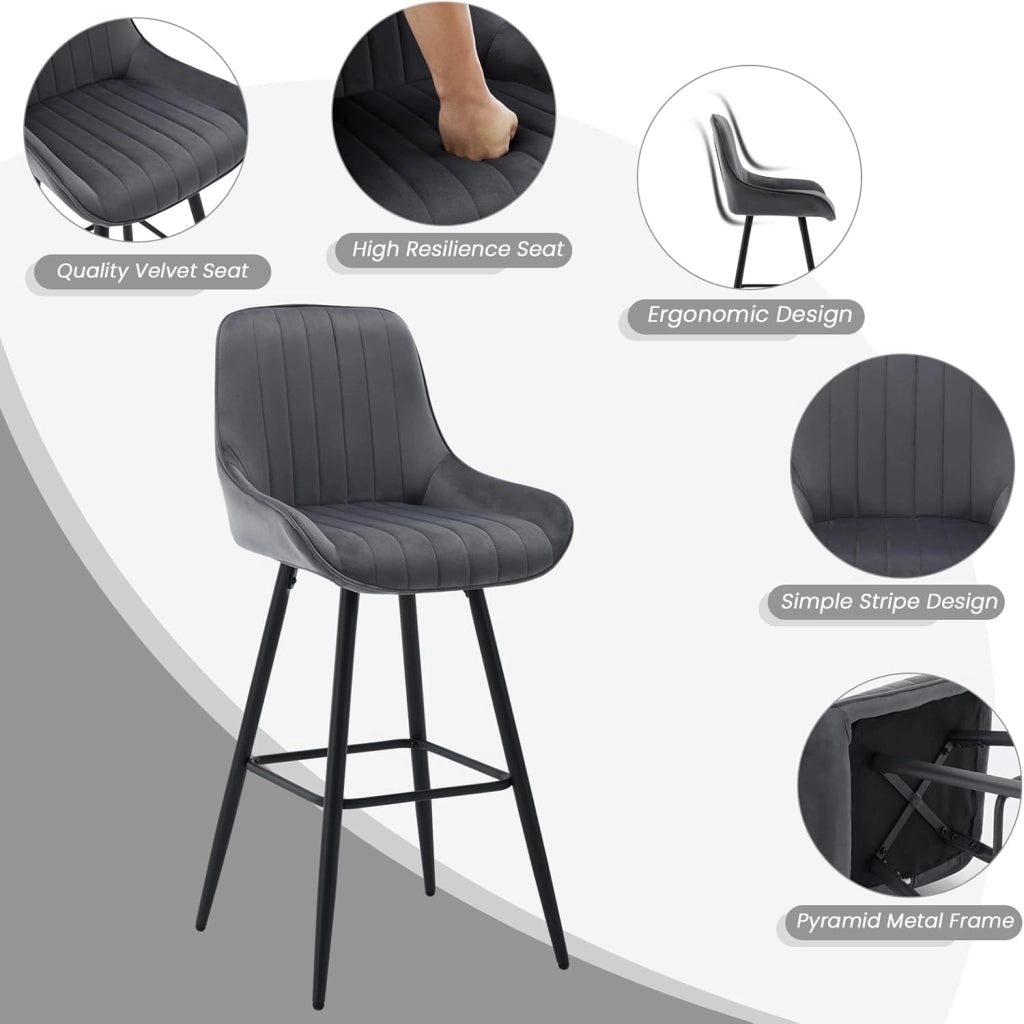 6 Sgabelli Alti da Bar con Schienale, Sedie Moderne con Poggiapiedi Quadrato, Sedie in Velluto Ergonomiche per Bistrot, Altezza Sedile 71cm, Gmabe in Metallo, Grigio scuro, BH394dgr-6