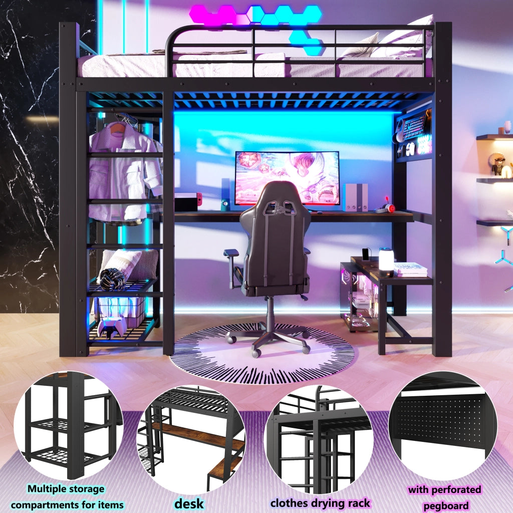 DESMIU Lit mezzanine 90 × 200 cm 1 posto con LED, ripiani e scrivania, senza materasso, in metallo, nero