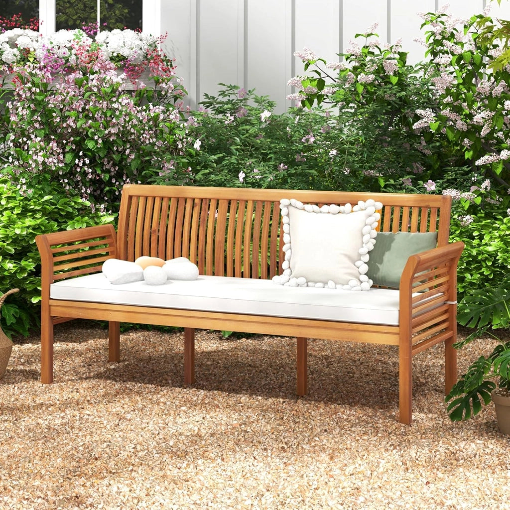 Panca da giardino a 3 posti, panca da parco in legno di acacia, panca da parco con cuscino rimovibile, sedia da parco con schienale, carico di 540 kg, 159 x 59 x 77 cm