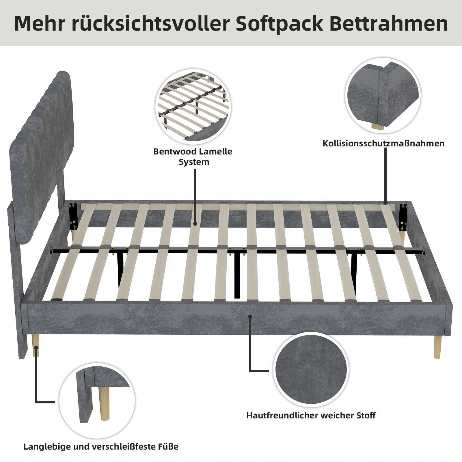 Letto imbottito 140x200 grigio con struttura sollevabile - Xylo